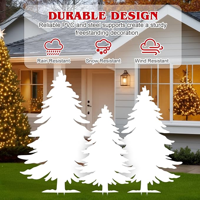 3-Piece Christmas Tree Silhouette Set 47 Inch Christmas Tree Yard Decoration Outdoor Weather-Resistant PVC Xmas Outside Decor for Lawn Garden Pathway Display with 6 Ground Stakes