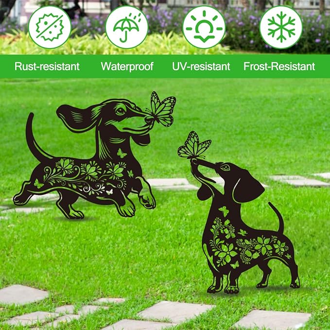 Dachshund Garden Stake Outdoor Yard Decor – Set of 2 Metal Sausage Dog Lawn Ornament, Cute Dog Lover Gift for Women Men, Weather-Resistant Dachshund Silhouette Statues Yard Art for Patio