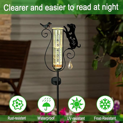 Rain Gauge Outdoor with Large Number Scale,Solar Powered Decorative Dog and Bird Garden Stake for Outside,Yard, Lawn, Pathway