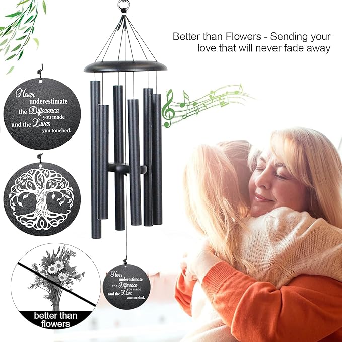 Retirement Wind Chime, Tree of Life, Inspirational Retirement Gifts for Men, Women, Teacher, Co-Worker, Employee, Nanny, Nurse (Black), NXW#303