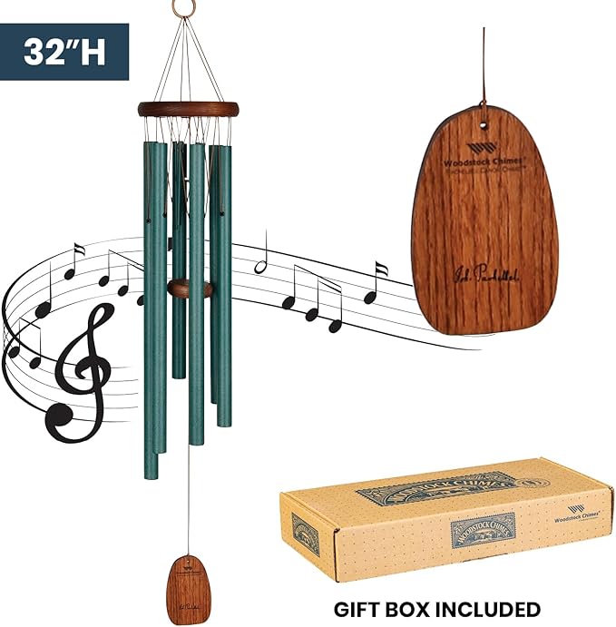 Woodstock Wind Chimes for Outside, Garden, Patio, Porch and Outdoor Decor (32") Pachelbel Canon Chime Green Wind Chime Gifts (PCCG)