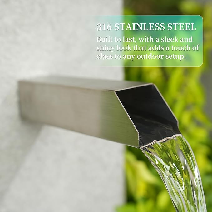 2 Inch 316 Stainless Steel Square Outdoor Water Fountain Spout, Waterfall Spillway Scupper with Integrated Spray Baffle for Landscape Decors, Pools, Ponds, Water Walls (Silver)