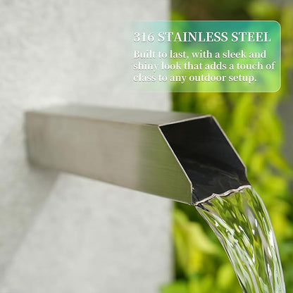 2 Inch 316 Stainless Steel Square Outdoor Water Fountain Spout, Waterfall Spillway Scupper with Integrated Spray Baffle for Landscape Decors, Pools, Ponds, Water Walls (Silver)