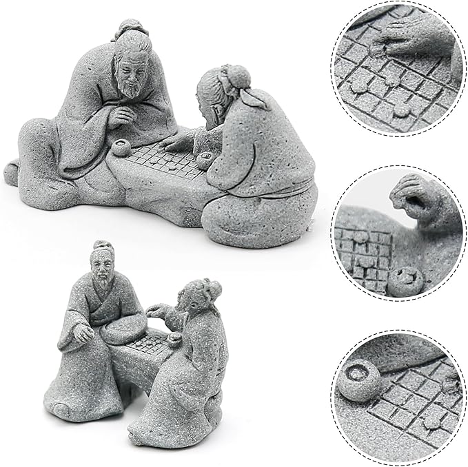 Hoypeyfiy 3Pcs Playing Chess Old Man Statue,Garden Figurines Set,Zen Garden Accessories,Outdoor Decor Sandstone for Bonsai,Micro Landscape Decoration,Garden,Patio,Yard,Lawn,Backyard