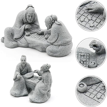 Hoypeyfiy 3Pcs Playing Chess Old Man Statue,Garden Figurines Set,Zen Garden Accessories,Outdoor Decor Sandstone for Bonsai,Micro Landscape Decoration,Garden,Patio,Yard,Lawn,Backyard
