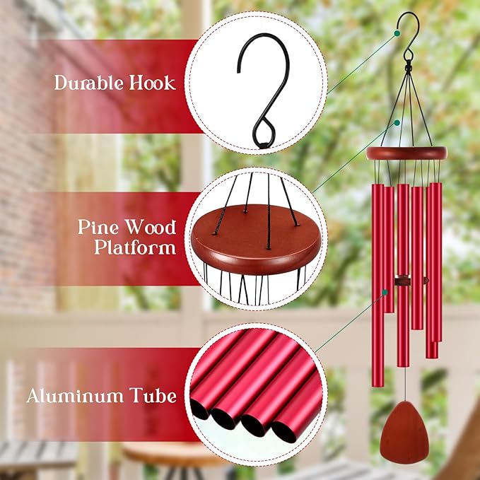 Leinuosen Wind Chimes for Outside Wind Chimes Outdoors Deep Tones 28" with 6 Aluminum Tubes Memorial Sympathy Windchime for Valentine Tree Decor Garden Courtyard Mom Loved One Gifts(Classic,Red)