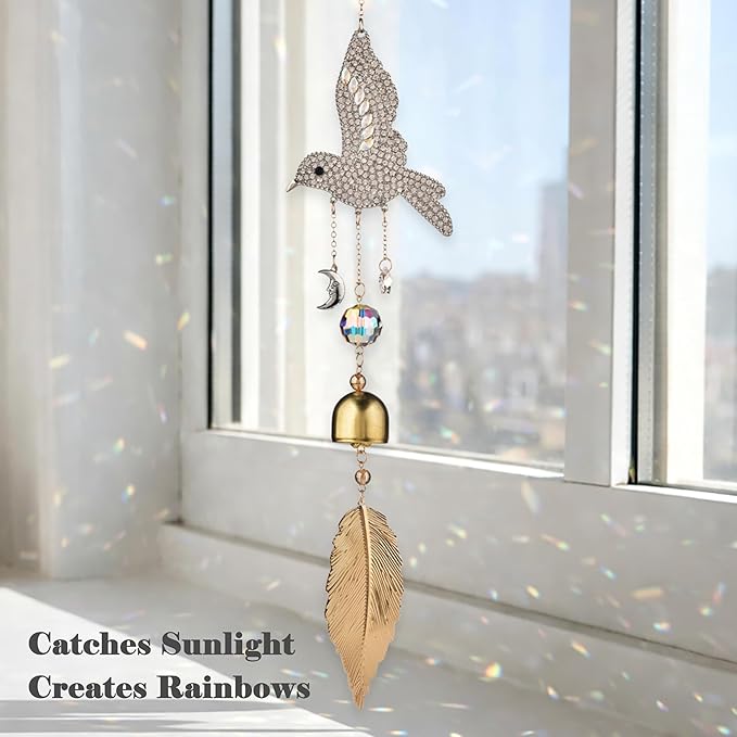 Hummingbird Crystal Suncatcher for Window Hanging, Rainbow Maker Prism Ornament with Hook, Sparkling Sun Catcher Decor for Home, Patio, Garden, Bird Lover Gift (Wind Chime)