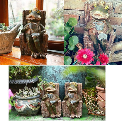 KiaoTime Large Queen Coffee Frog Sitting on Tree Stump Statue Drinking Coffee Indoor Outdoor Patio Garden Statue Decoration Collectible Frog Figurine Statue Model Sculpture (9.5" Frog On Tree Stump)