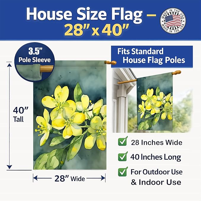 Caroline's Treasures South Carolina Yellow Jessamine in Watercolor House Flag Large Porch Sleeve Pole Decorative Outside Yard Banner Artwork Wall Hanging, Polyester, House Size, Multicolor