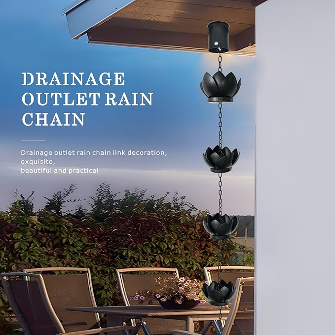 8.5Ft Metal Lotus Rain Chain for Gutters, Rust-Resistant Outdoor Rain Catcher with Hanging Gutter Adapter, Perfect for Heavy Rain, Indoor/Outdoor Decoration, Dark Bronze Finish