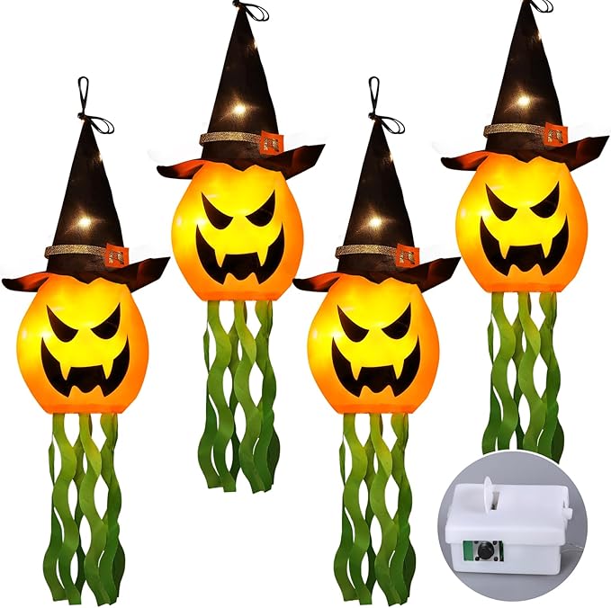 Cuorung Halloween Decorations Outdoor Decor Hanging Lighted Glowing Pumpkin Witch Hat with 3 Modes Lighted Up Scary Orange Halloween Decorations for Indoor Outside Party Yard Tree Garden (4Pcs)