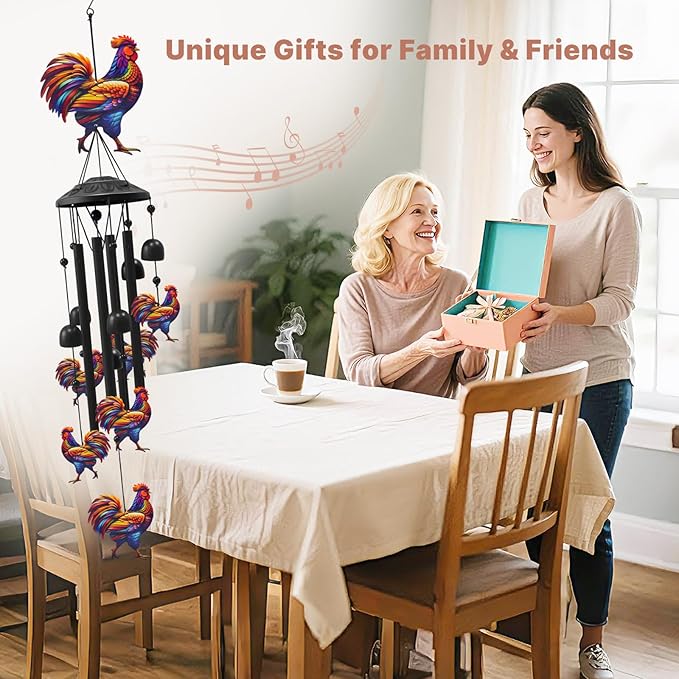 Chicken Wind Chimes for Outside, Black Metal Windchimes Outdoors, Chickens Gifts for Women/Men, Garden/Yard Decor, Memorial/Birthday Gifts for Grandma/Mom, Durable Chimes for Outdoors