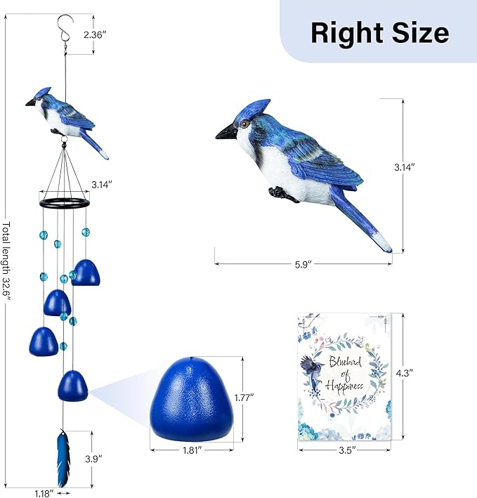 Bird Wind Chimes for Outside，Steller'Jay Bird Gifts，Blue Bird Wind Chimes Outdoor Decorations, Mother‘s Day Gifts for Mom/Grandma,Garden Patio Backyard Hanging Decor.
