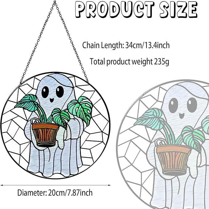 Cute Ghost Plant Stained Glass Sun Catcher Window Hanging Plant Lovers Gifts for Women Wall Decor Handmade SunCatcher Decoration for Garden Home Decor, 7.87inch