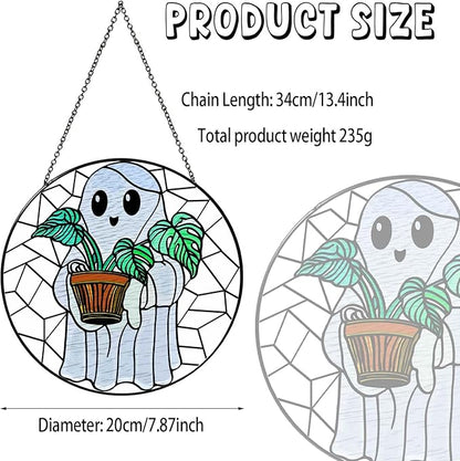 Cute Ghost Plant Stained Glass Sun Catcher Window Hanging Plant Lovers Gifts for Women Wall Decor Handmade SunCatcher Decoration for Garden Home Decor, 7.87inch