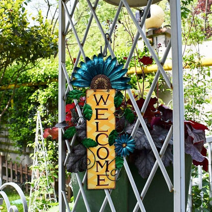 Metal Welcome Sign Hanging Flower Signs Wreath Decor - Rustic Decorative Door Hanger Indoor Outdoor Spring Decoration for Front Door Porch Wall (Set)