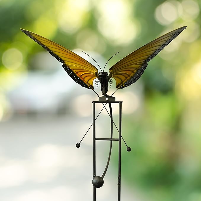 Red Carpet Studios Garden Stake Yard Art Metal and Glass Balance Rocker with Heavy Duty Stake, 67 Inches Tall, Butterfly
