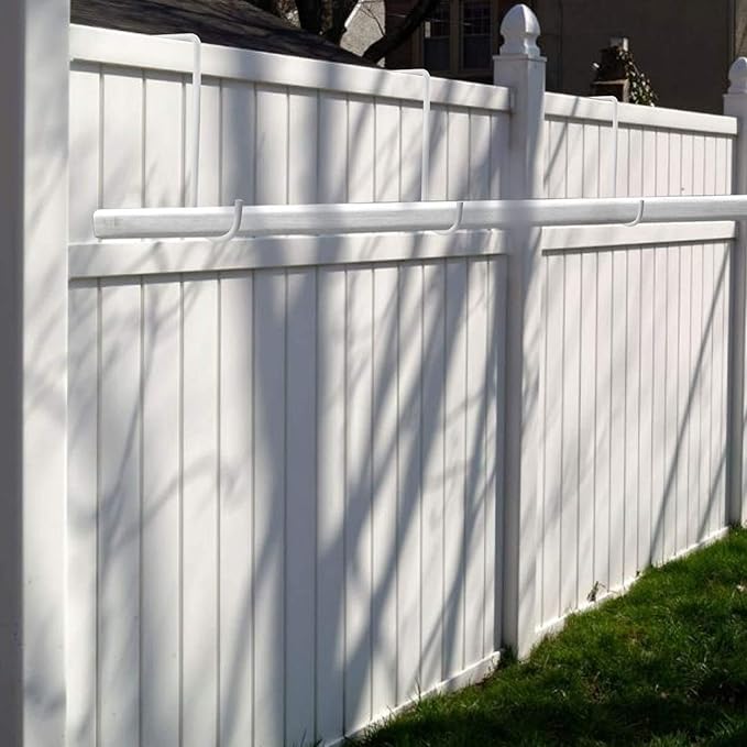 DINGEE Vinyl Fence Hooks 2x6 inch, Patio Light Hangers - 4 Pack White Powder Coated Steel Fence Hooks for Hanging Plants, Planters, Bird Feeders, Lights