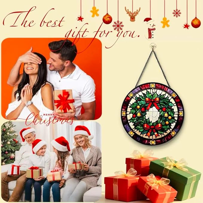 Stained Glass Window Hanging - Christmas Wreath Ornament 6.3 Inches Suncatcher for Garden Home Decor for Women Mon Grandma Friends