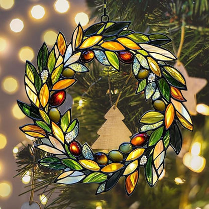 Mistletoe Wreath Acrylic Suncatcher Stained Glass Effect Window Car Hanging Christmas Ornament Indoor Outdoor Decor Garden Sun Catcher Panel for Christmas Lover for Women Mom Grandma