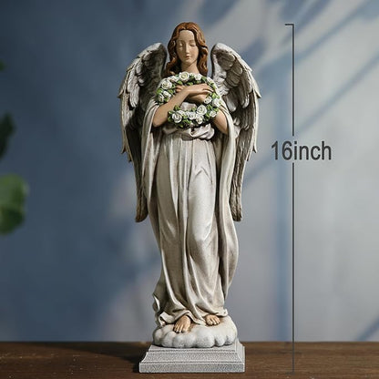 Garden Angel with Flower Wreath Statue - 16" Outdoor Memorial Angel Decor