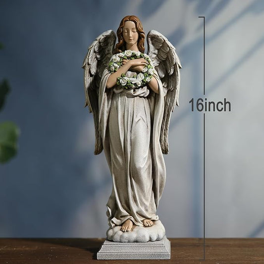 Garden Angel with Flower Wreath Statue - 16" Outdoor Memorial Angel Decor