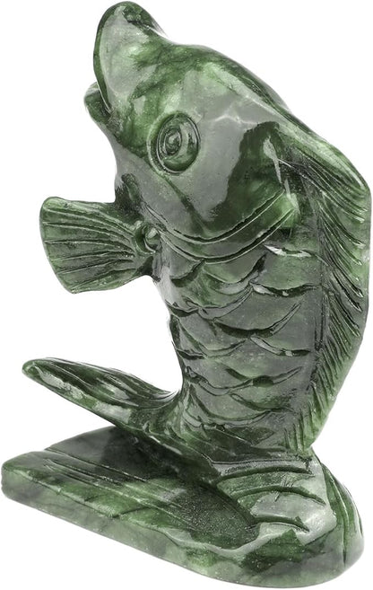 gemshan Jade Koi Fish Statue - 4.5 Inch Natural Jade Lucky Charm, Collector's Art Piece for Aquarium/Desk/Garden Feng Shui Arrangement