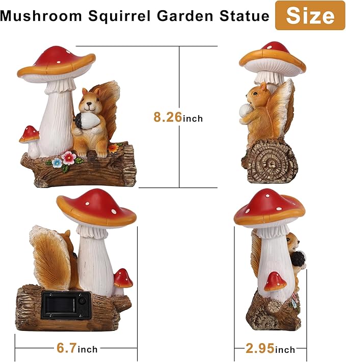 Solar Garden Statue Outdoor Decor, Squirrel & Mushroom Figurines with LED Lights, Yard Decorations for Patio, Balcony, Backyard, Lawn Ornaments, Unique Gift for Women, Mom, Grandma