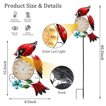 MUMTOP Outdoor Thermometer for Patio - Indoor Outdoor Wall Thermometer with Solar LED Light Cardinal Design - Decorative Temperature Gauge for Home or Garden Decor
