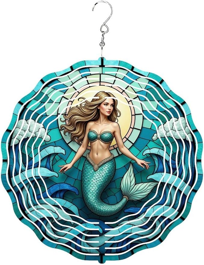 Wind Spinner Outdoor 10 Inch Mermaid Amidst Ocean Waves for Yard and Garden 3D Stainless Steel Wind Sculpture Unique Gift Hanging Spinner Ornament Decoration