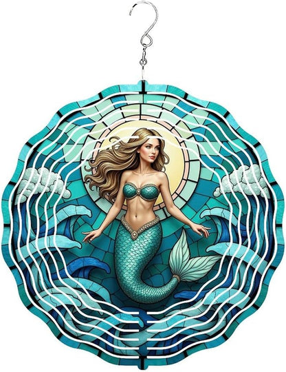 Wind Spinner Outdoor 10 Inch Mermaid Amidst Ocean Waves for Yard and Garden 3D Stainless Steel Wind Sculpture Unique Gift Hanging Spinner Ornament Decoration
