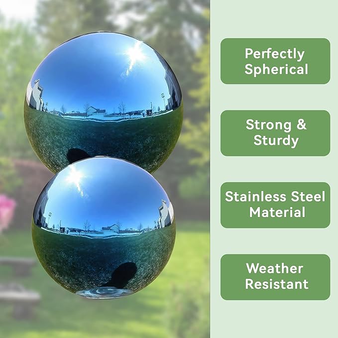 Lily's Home Stainless Steel Gazing Globe Mirror Ball, Colorful and Shiny Addition to Any Garden or Home. Blue. (12 Inch)