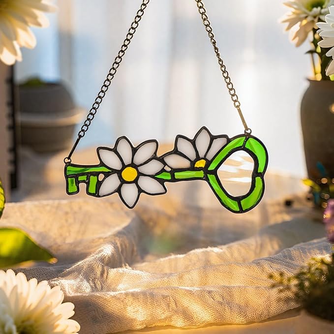 Key Decor Stained Glass Suncatcher White Flower Ornament,Artificial Floral Glass Suncatcher,Stained Glass Window Hanging Daisy Flower Gift for Women Mom Grandma