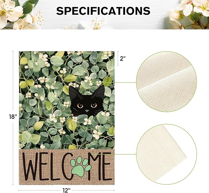 AVOIN colorlife Spring Summer Floral Garden Flag 12x18 Inch Double Sided Outside, Eucalyptus Black Cat Welcome Seasonal Yard Outdoor Flag