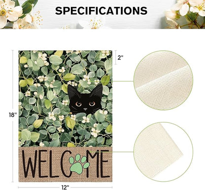 AVOIN colorlife Spring Summer Floral Garden Flag 12x18 Inch Double Sided Outside, Eucalyptus Black Cat Welcome Seasonal Yard Outdoor Flag