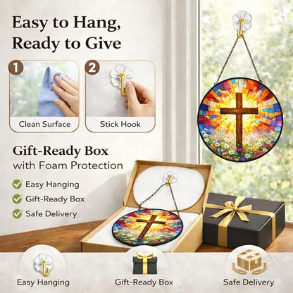 Christian Cross Suncatcher Window Hanging, 7.87" Stained Glass Mother’s Day Faith Gift for Mom Grandma, Radiant Cross Religious Decor for Window Prayer Room Sunroom Office