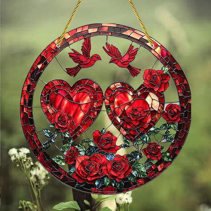 Valentine Heart Suncatcher Ornament Red Birds Rose Designs Pattern Window Hanging Suncatchers Full Cover Stained Glass for Garden Room Decor Valentine's Romantic Ornaments for Wife Gift
