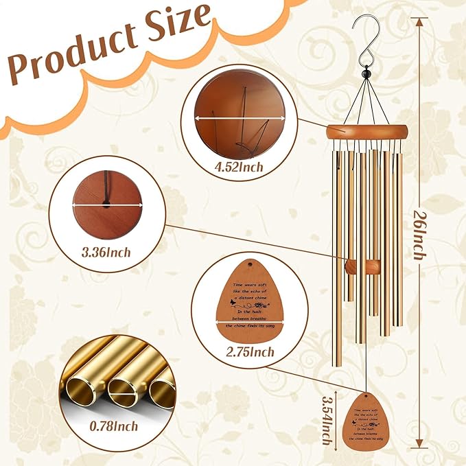 Aluminium Wind Chimes, 26" Wooden Sympathy Wind Chimes, Memorial Wind Chime for Loss of Loved One, Wind Tubes of Sympathy Gift, for Home Decor Outdoor Garden Patio(Golden)