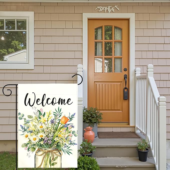 Spring Welcome Garden Flag Watercolor Wildflower Bouquet Mason Jar Floral Yard Flags Springtime Home Seasonal Bright Daisy Tulip Rustic Farmhouse House Banner Front Porch Outdoor 12×18 Inch