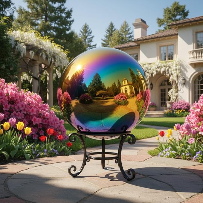 30cm/12 inch Garden Sphere Mirror Gazing Ball,Rainbow Stainless Steel Polished Reflective Smooth Hollow Globe Ball,Durable Colorful and Shiny Decorations Addition to Garden Patio Yard Home