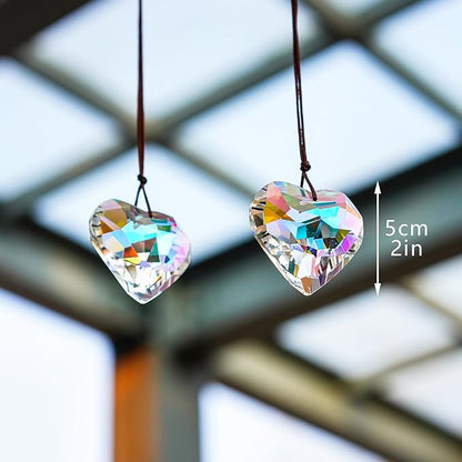 H&D HYALINE & DORA 2PCS 50mm Suncatcher Crystal Heart Prisms Hanging for Windows,AB Color Heart Shape Prisms Rainbow, Glass Chandelier Prism Sun Catcher with Rope