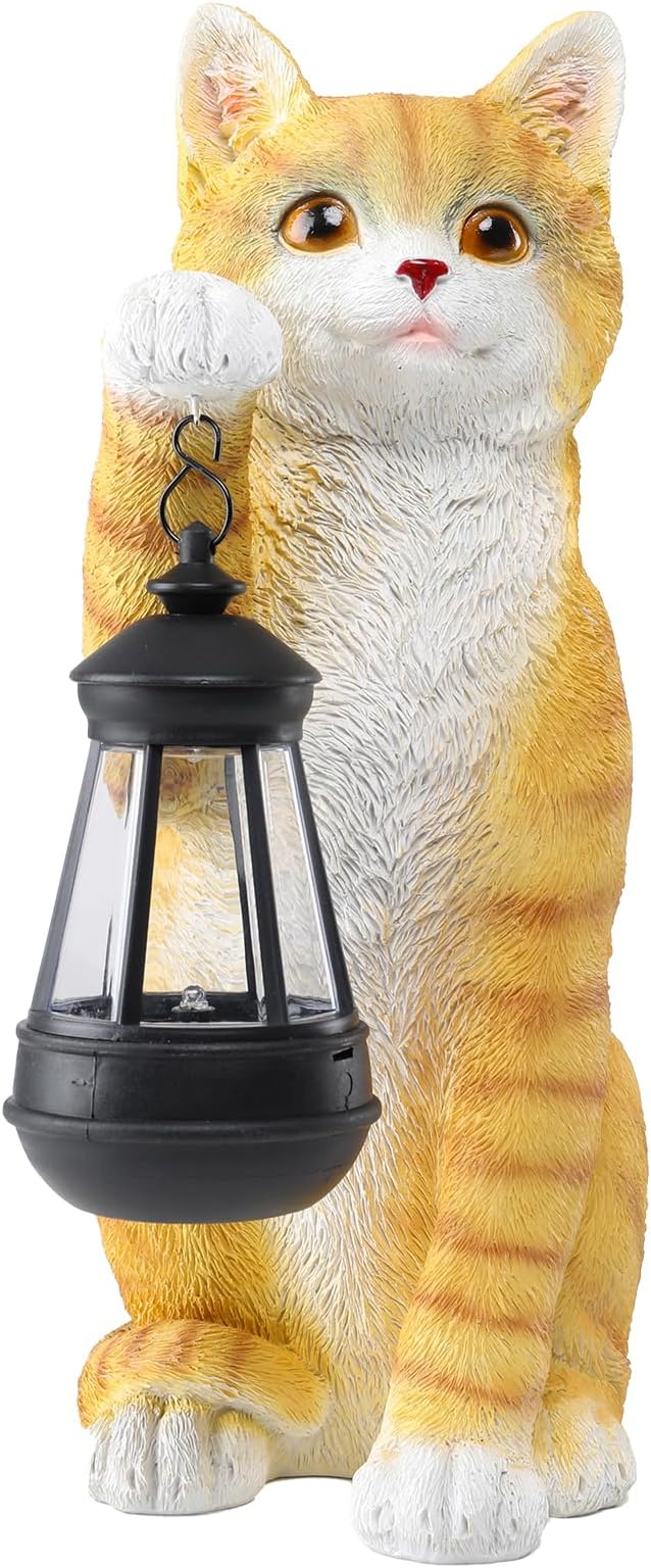 WONDER GARDEN Solar Cat Garden Statue - Outdoor Cat Statues, Cat Figurines with Solar Lantern Light for Patio, Yard, Lawn, Gardening Gifts for Women and Mom(11" Orange Cat)