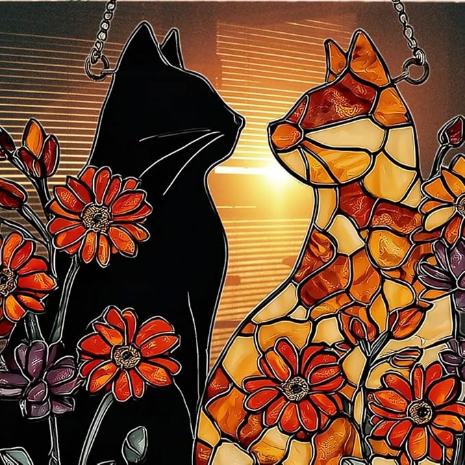 Warm Mosaic Cat Floral Art Acrylic Suncatcher Stained Glass Effect Window Car Hanging Christmas Ornament Indoor Outdoor Decor Garden Sun Catcher Panel for Valentine's Day Lover for Women Mom Grandma