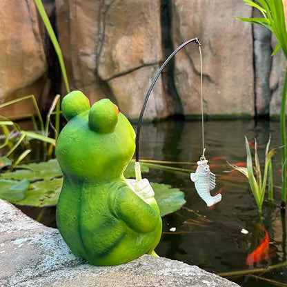 Garden Frog Pond Statue Decoration, Fishing Frog Garden Statue Outdoor Koi Pond or Waterfall Decor, 9.5" Frog Figurine Fishing Poolside Statue, Frog Gifts for Mom