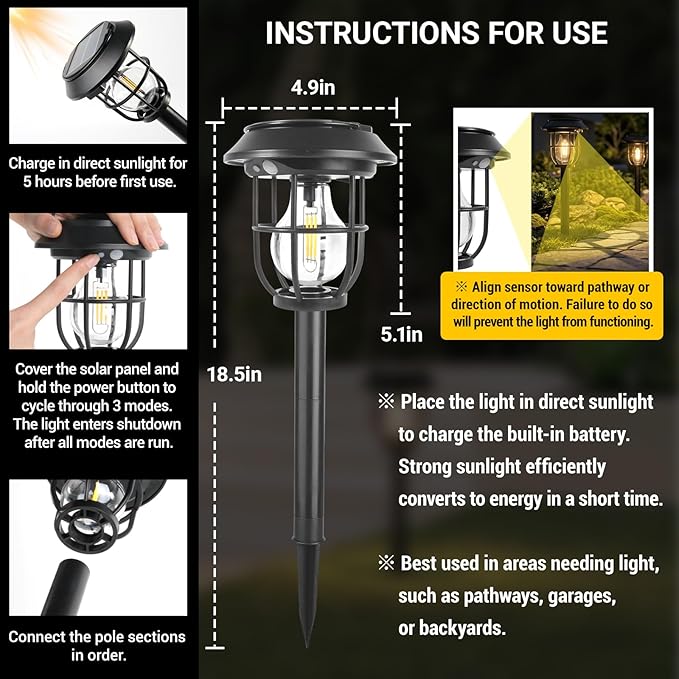 Solar Lights Outdoor, 6 Pack Waterproof LED Pathway Lights with 3 Adjustable Modes, Auto On/Off Lighting for Garden, Yard, Walkway, Driveway, Porch, Hanging on Trees or Tabletop, Warm White