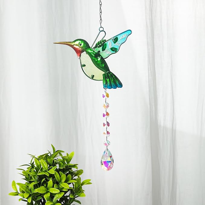 Hummingbird with Crystal Sun Catcher,Stained Glass Bird Suncatchers for Windows Hanging,Crystal Suncatcher Prism Hanging Ornament for Home Garden Party Decoration(Green)