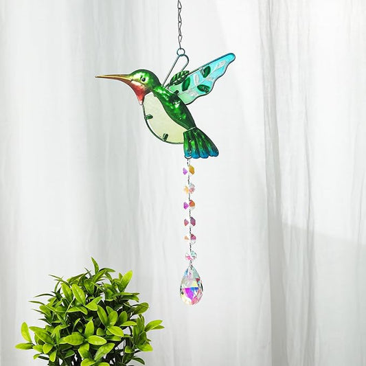 Hummingbird with Crystal Sun Catcher,Stained Glass Bird Suncatchers for Windows Hanging,Crystal Suncatcher Prism Hanging Ornament for Home Garden Party Decoration(Green)