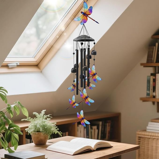 Dragonfly Wind Chimes for Outside, Black Metal Windchimes Outdoors, Dragonflies Gifts for Women/Men, Garden/Yard Decor, Memorial/Birthday Gifts for Grandma/Mom, Durable Chimes for Outdoors