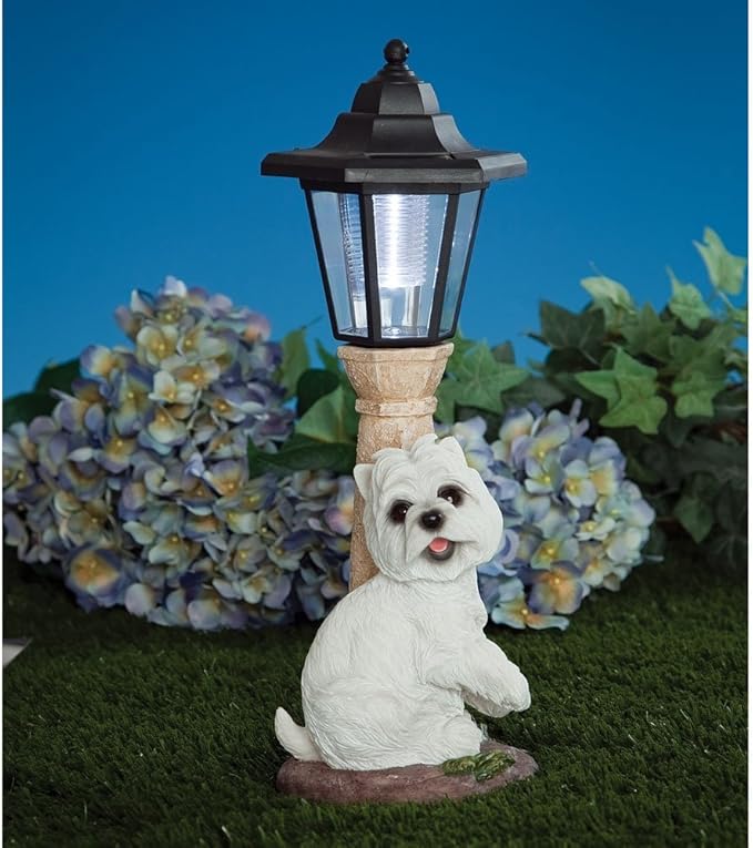 Bits and Pieces - Solar Dog Lantern-Solar Powered Garden Lantern - Resin Dog Sculpture with LED Light (Westie)