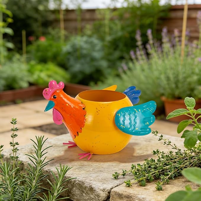 Oak & Lore Outdoor Metal Rooster Garden Statues, Colorful Chicken Garden Sculptures & Statues with Planters for Patio Lawn Backyard Decor